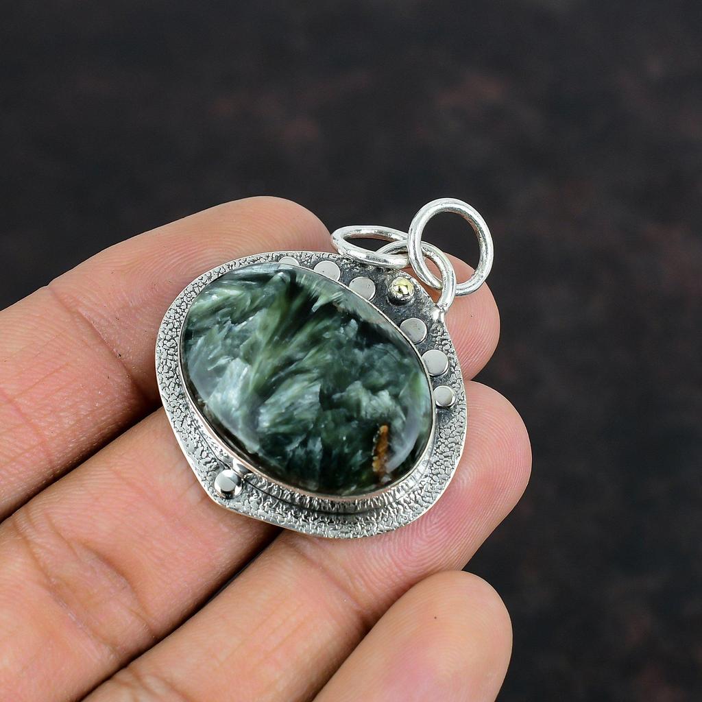 Pandantiv cu serafinit, bijuterii din piatră prețioasă, pandantiv din argint 925, pandantiv lucrat manual, bijuterii minunate cu serafinit, pandantiv etnic, cadouri pentru ea