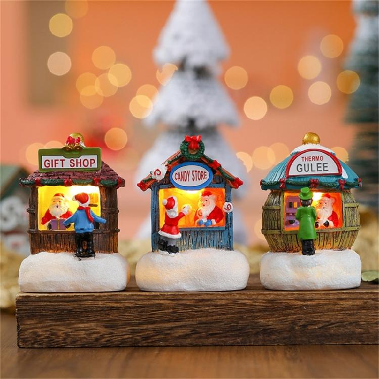 LED Light Up Christmas Ornament Resin House Shape Figurine Desktop Decoration Miniature Cottage Statue for Office