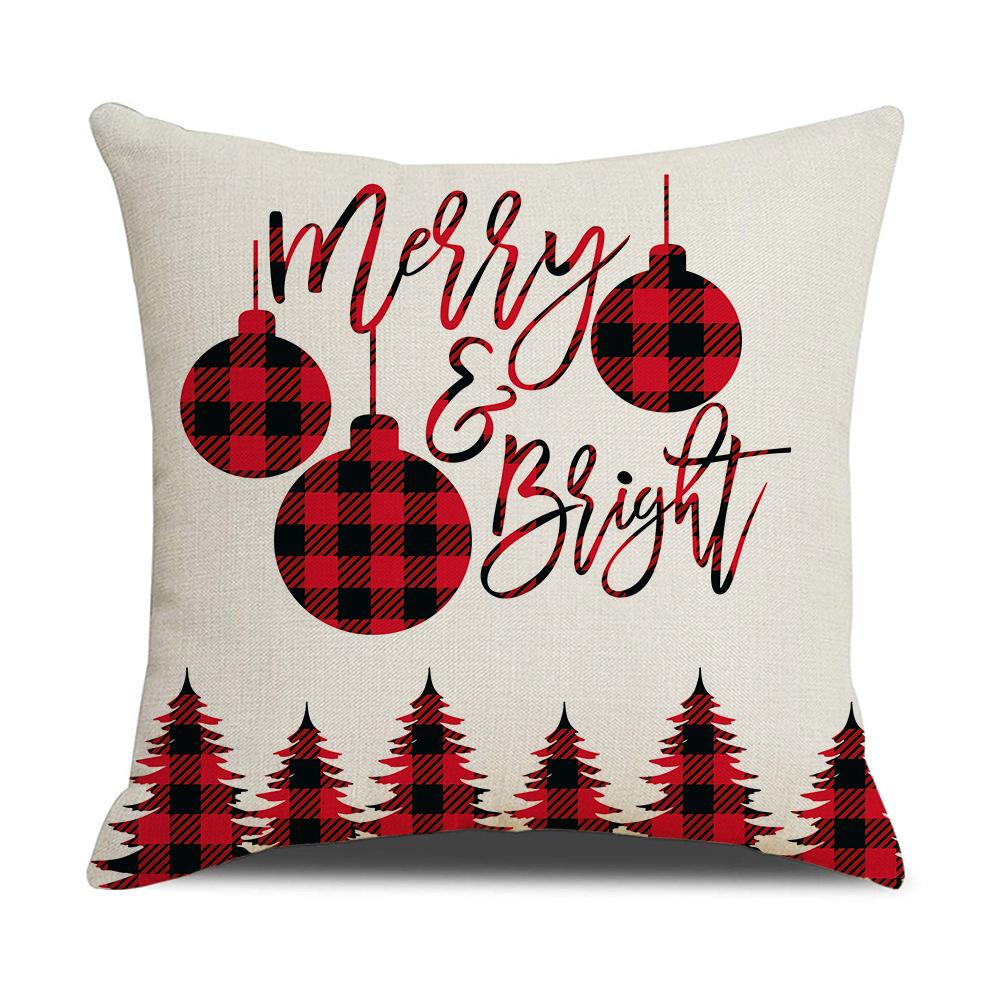 Red and Black Plaid Christmas Pillow Cover Cartoon Print Linen Sofa Cushion Cover Pillow
