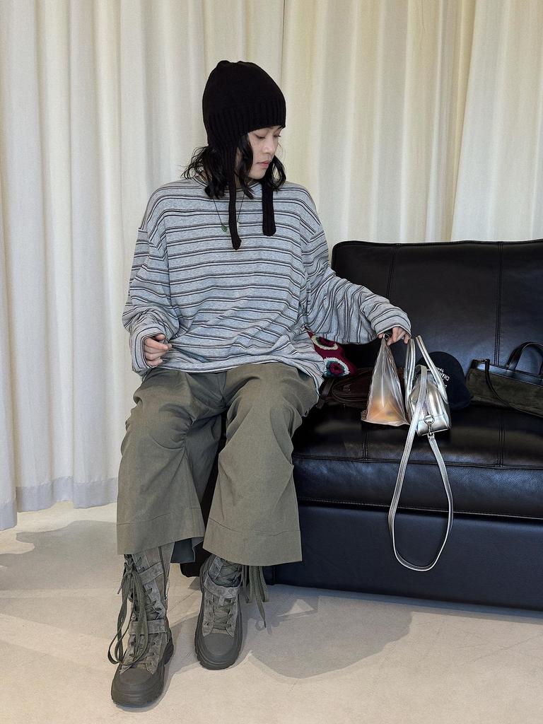 Louvre Spring Retro Korean Stripe Color Block Round Neck Casual Women's T-Shirt