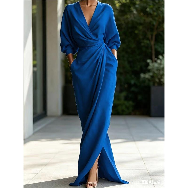 European and American new elegant solid color V-neck long-sleeved split waist pocket long dress