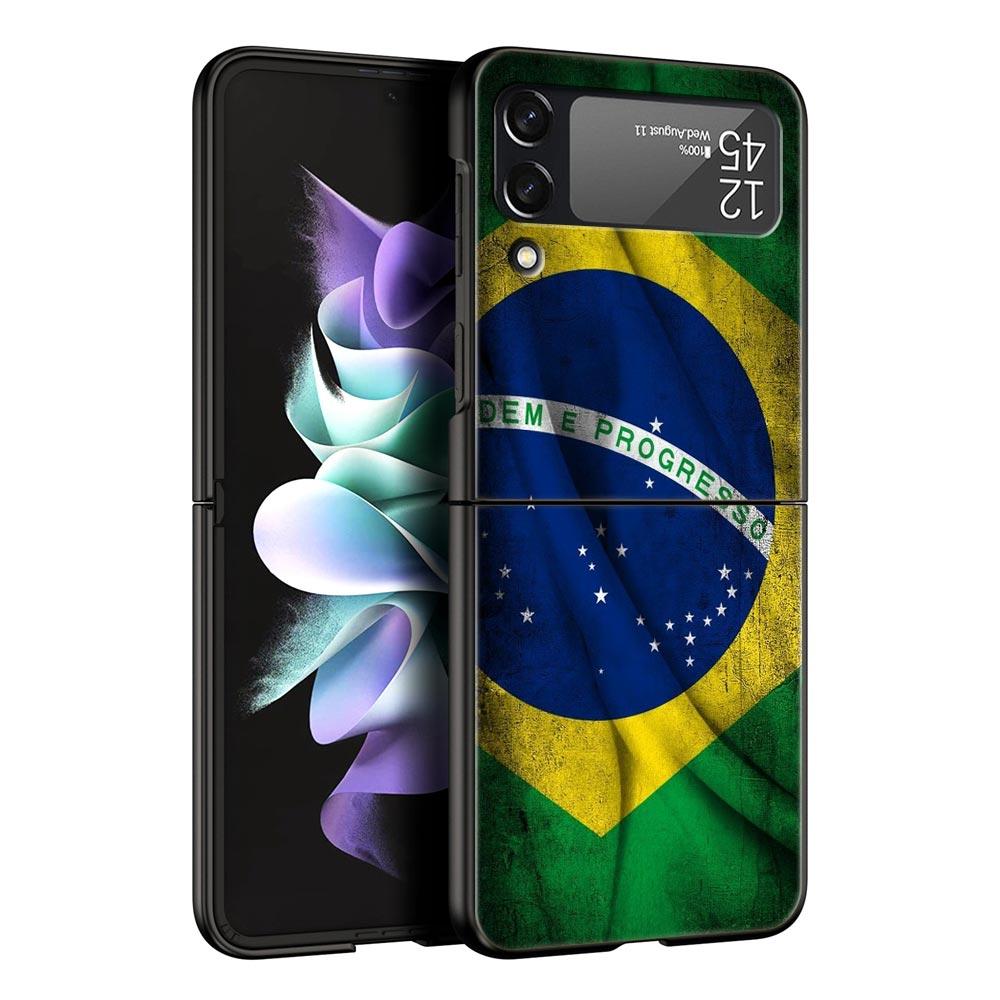 Phone Case for Samsung Galaxy Z Flip 3 4 5 6 7 Folding Black Shell For Samsung Z Flip4 Flip5 PC Hard Cover Large Brazil Flag