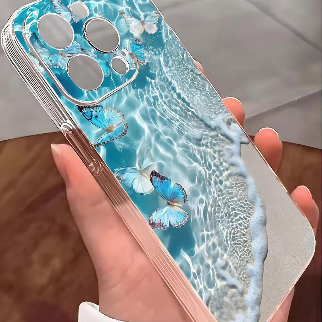 Seaside Blue Butterfly Transparent Anti-Drop Case for iPhone 14/15/16/17 Pro Max Series
