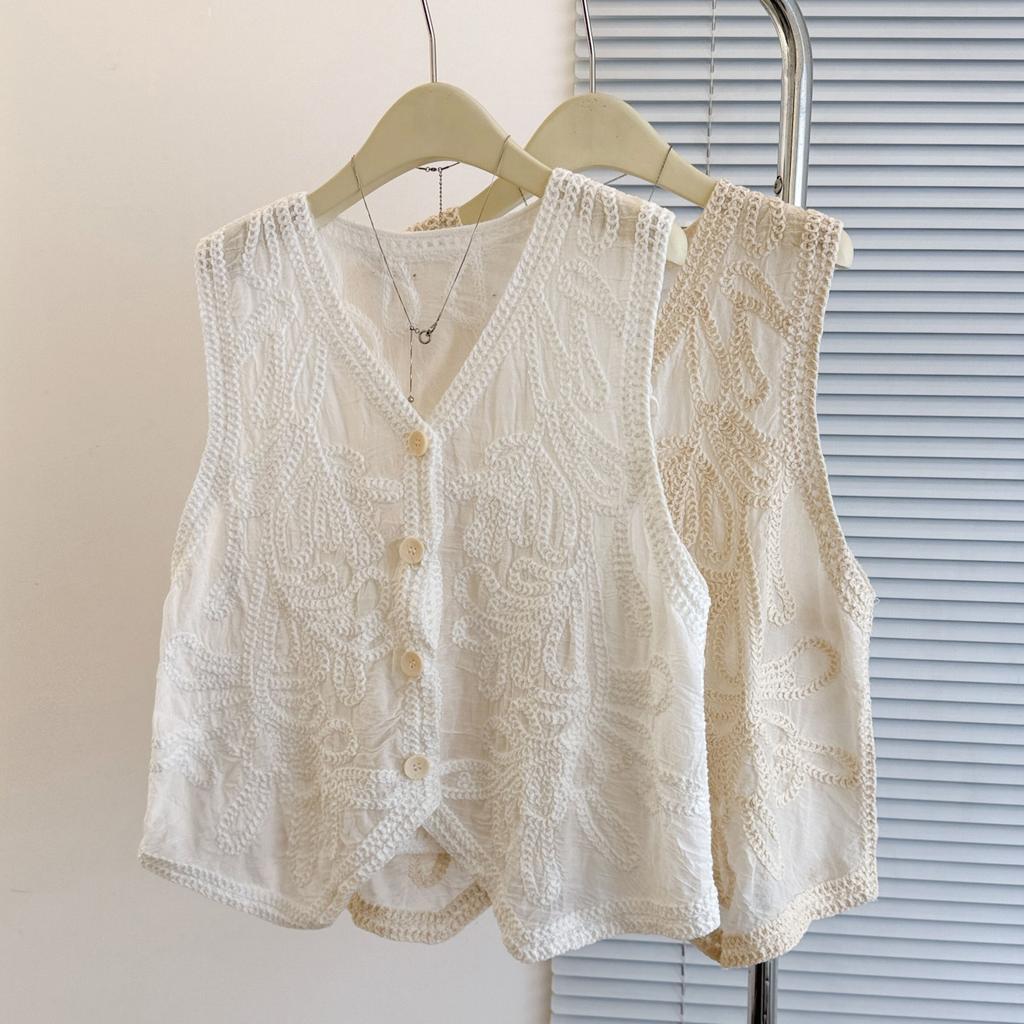 DIMANAF 2025 Ny Kort Väst T-shirt Dam Ärmlös Knappar Stickning Spets Väst V-ringad Sommarstil Bas Toppar T-shirts Lös Klädsel