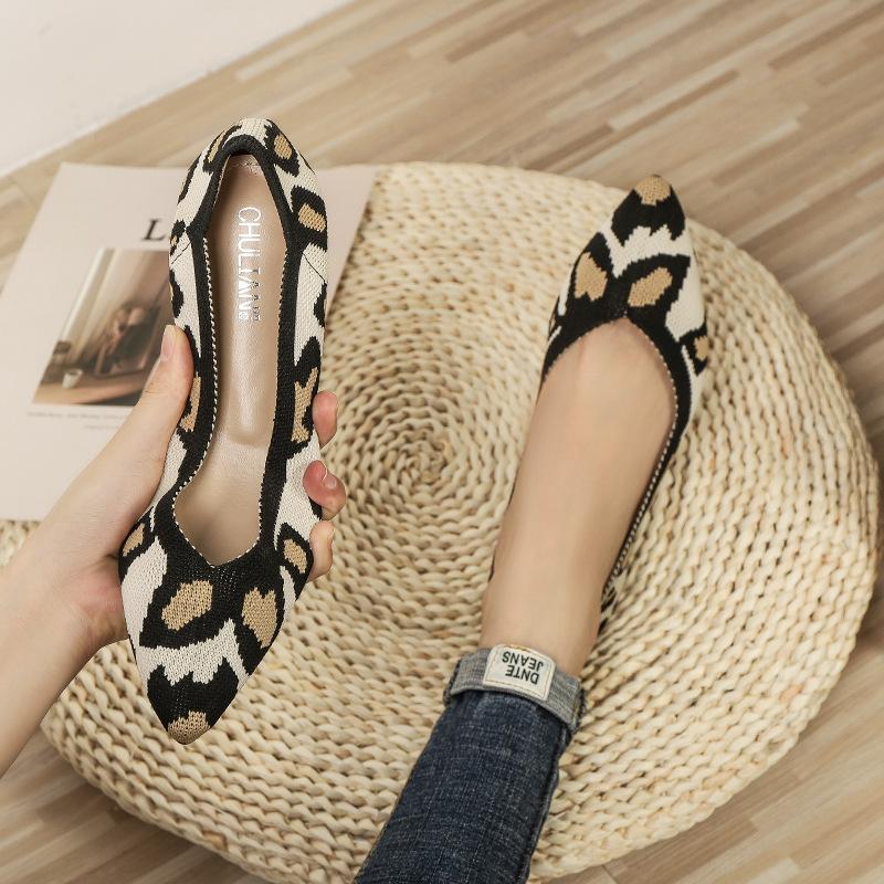 Pointed Fly-woven Shoes Flat-bottomed Breathable Woven Boat Shoes Leopard Print Light Mouth Striped Single Shoes Women