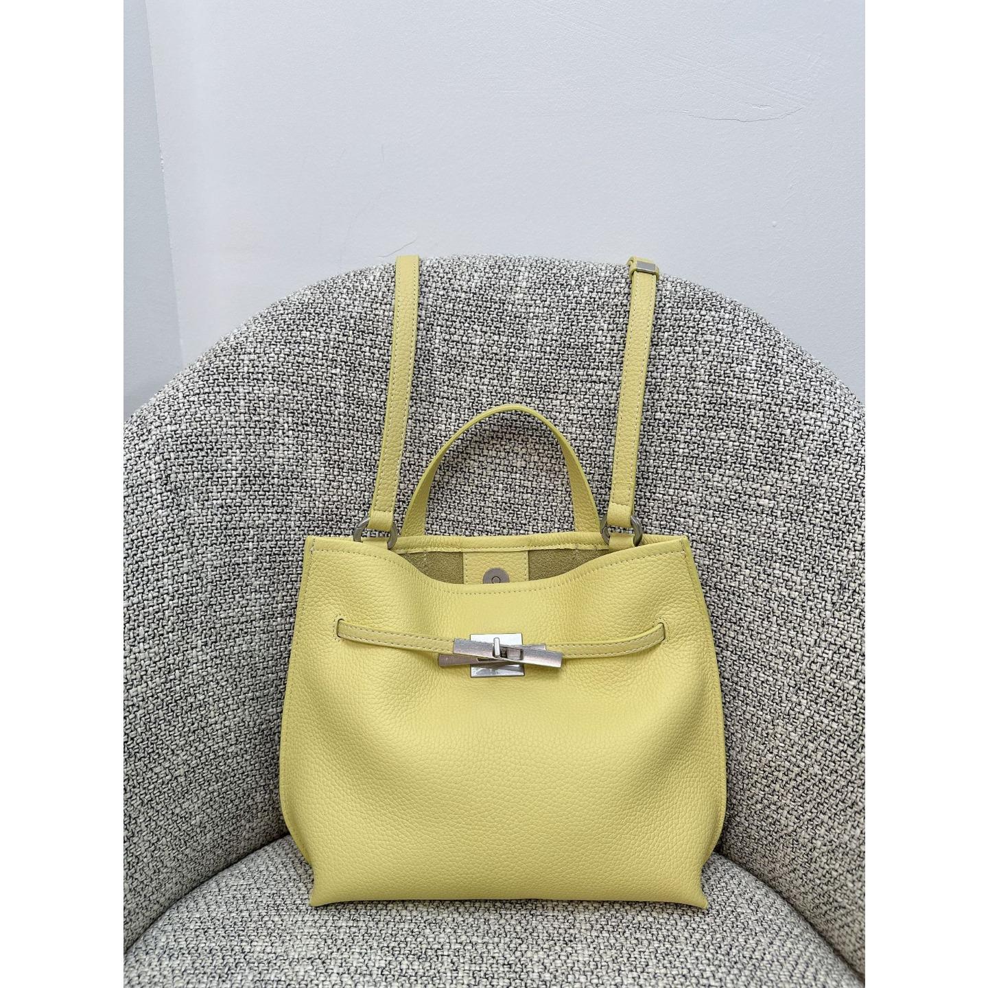 

Niche Design Lock Buckle Leather Bucket Bag Pebble Pattern Top Layer Cowhide Large Capacity Portable Commuter Shoulder Bag 23*22*8cm жовтий