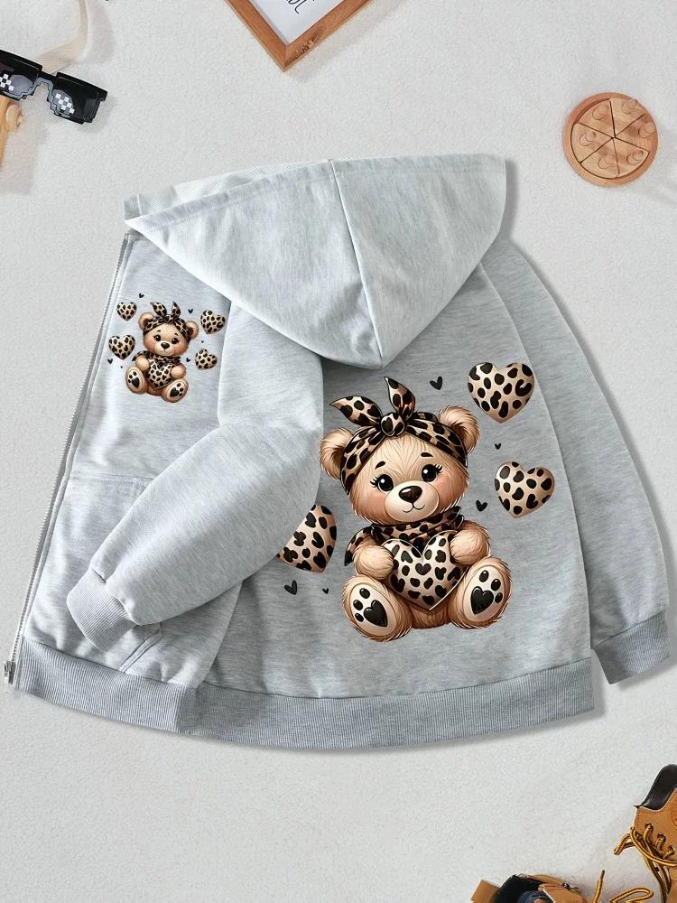 Kids Black Zip Up Hoodie Leopard Print Bear And Heart Graphic Front And Back Pattern Long Sleeve Pocket Girls Hooded Jacket