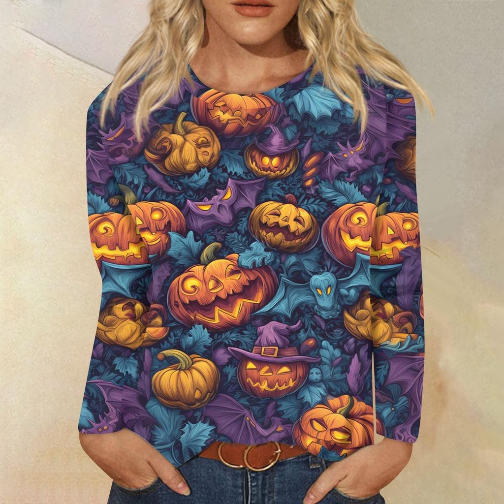 Women's Fashion Casual Long Sleeve Halloween Print Round Neck Top