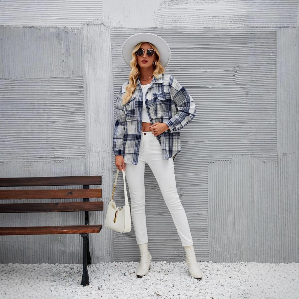 Women's European & American Plaid Woolen Shirt - Autumn/Winter Lapel Button-Up Casual Style