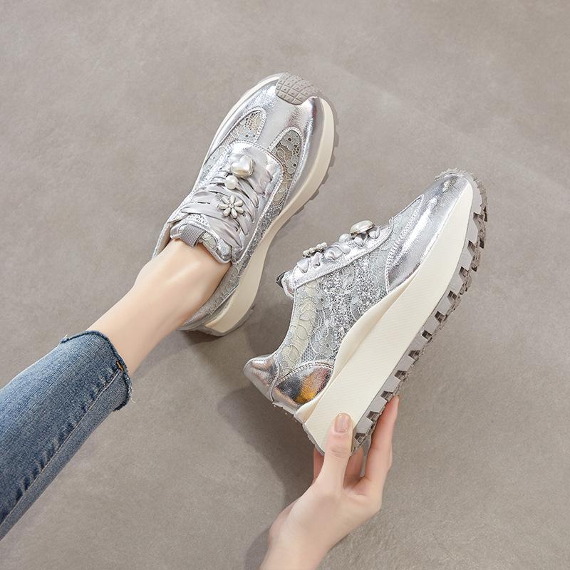 Platform Forrest Gump Shoes Women's 2025 New Leather Lace Through the Net Casual Shoes Versatile Height Increasing Sequins Sneakers
