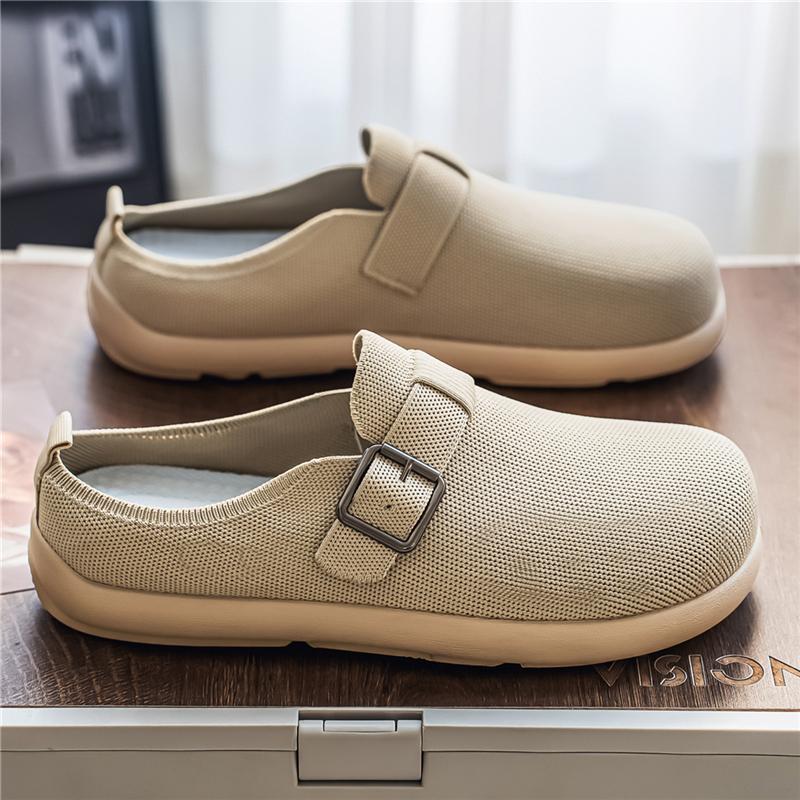 Fabric Mules for Men Closed Toe Slip On Flat Sneakers Wide Toe Open Back Casual Shoes Loafers Slippers Summer Non-Slip Drivers 39
