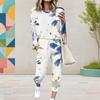 Women Plus Size Blue Beige Round Neck Long Sleeve Tie Dye Printed Two Piece Set Cuffed Tops Pants With Pockets