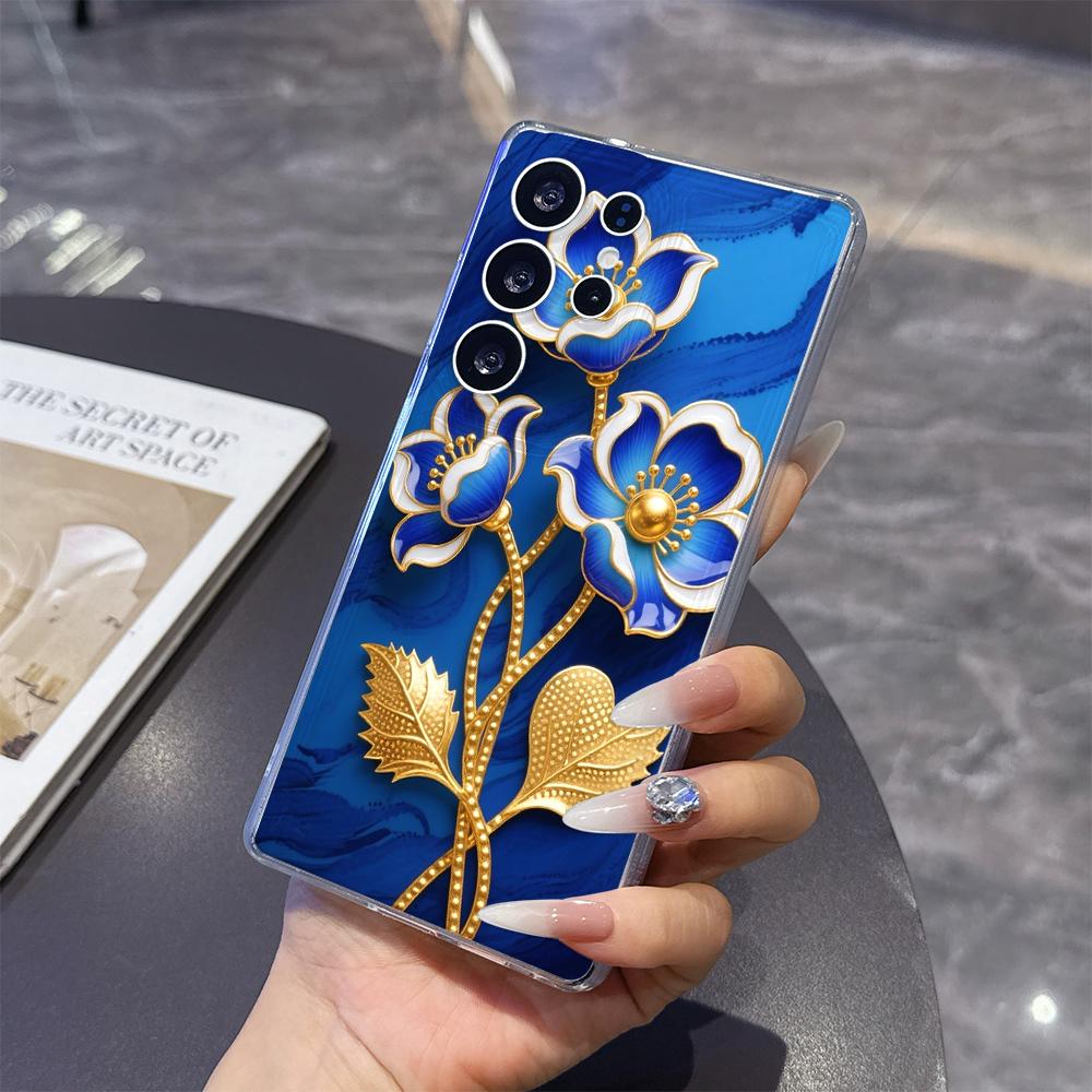 Blue Enamel Flowers with Gold Phone Case for Samsung Galaxy S26 S25 S24 S23 S22 S21 S20 FE Plus Lucency TPU Protection Cover