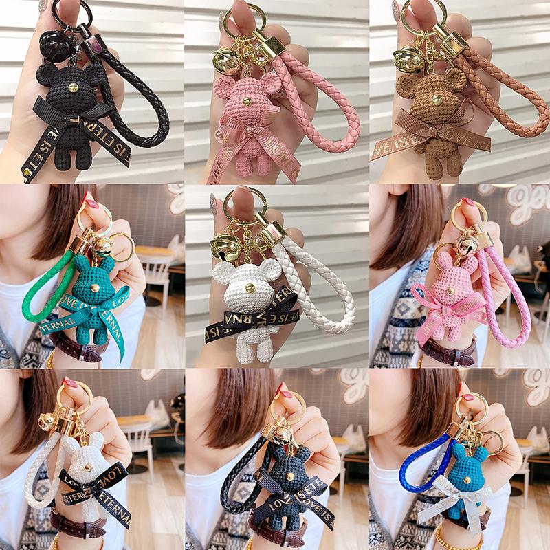 Cute Resin Woolen Little Bear Bow Rabbit Keychain Holiday Car Key Ring For Girls Creative Gift Weaving  Doll Bag Pendant
