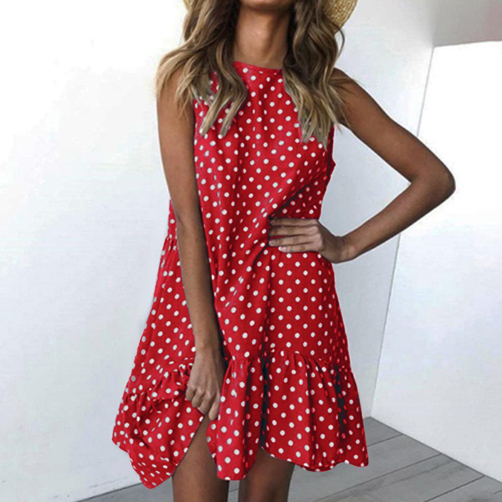 Fashion Women Sleeveless Polka Dot Loose Casual Ruffle Dress