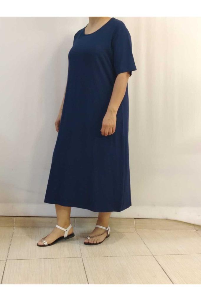 Dámské šaty velké velikosti, tmavě modré, česané bavlněné viskózové šaty s krátkým rukávem