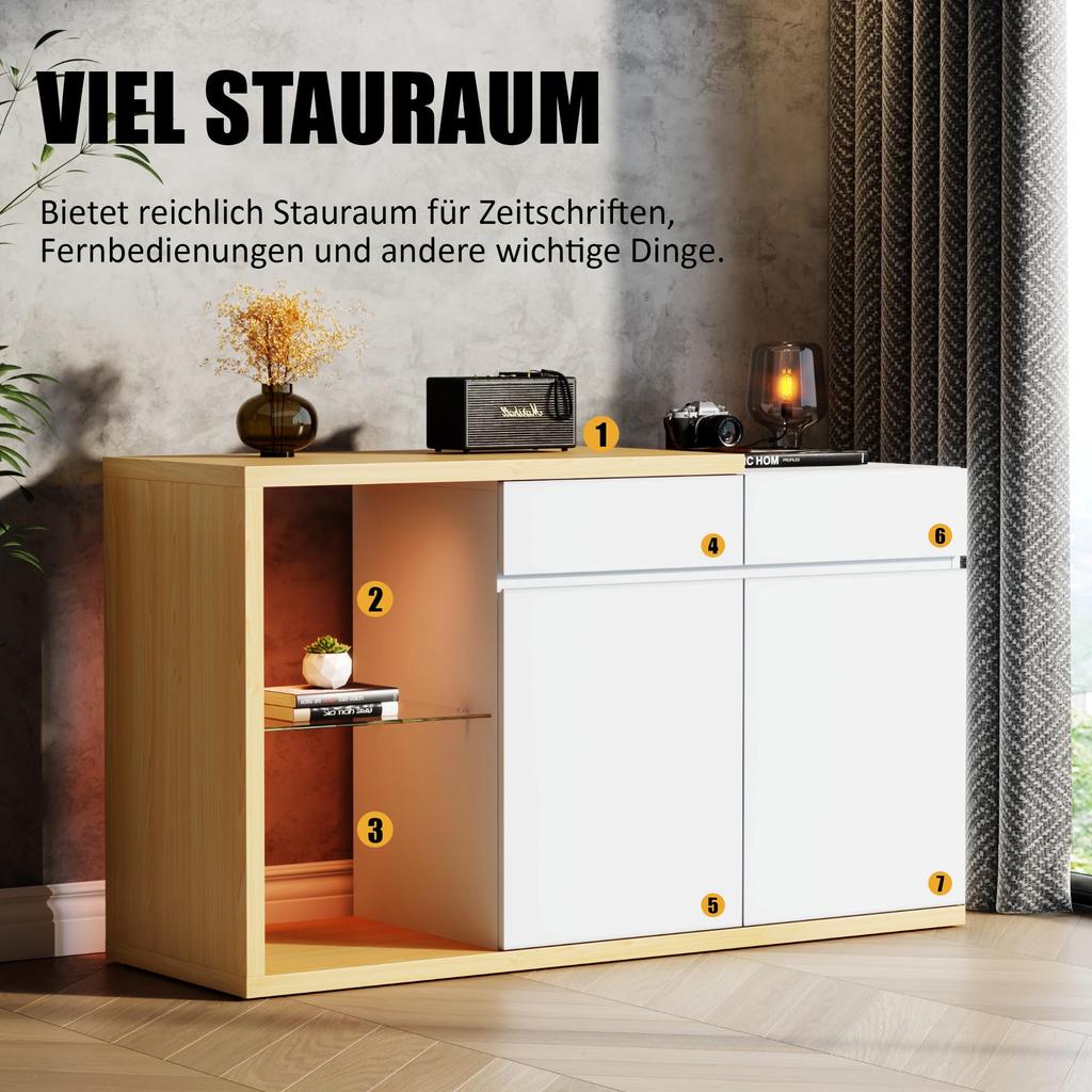 Sideboard Chest of Drawers LED 2 Doors & 2 Drawers & Glass Shelf, Buffet Highboard Ample Storage, Buffets Dining Room Living Room, White & Oak