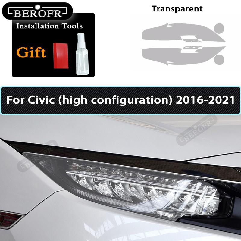 For Honda Civic 10th 2016- 19 TPU Car Headlight Film Protective Sticker Lamp Hoods Transparent Smoke Black Accessories