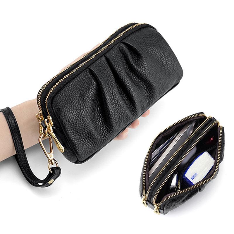Genuine Leather Women's Wallets Multifunction Phone Storage Bag Pleated Cowhide Card Holder Coins Pocket Purse Women Handbags