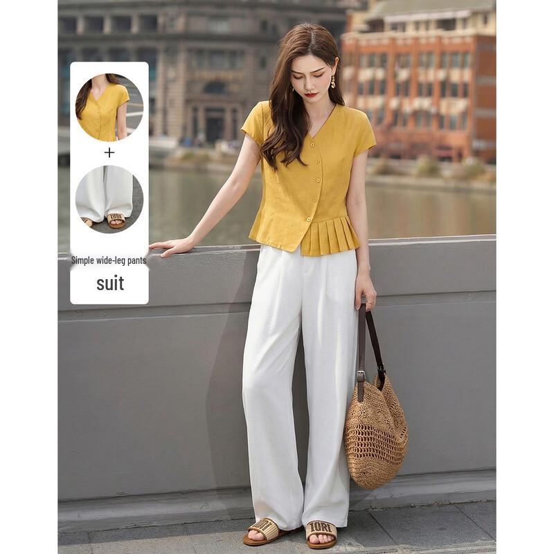 TERRE BLEUE Women s Summer V-Neck Shirt & Wide-Leg Pants Set M