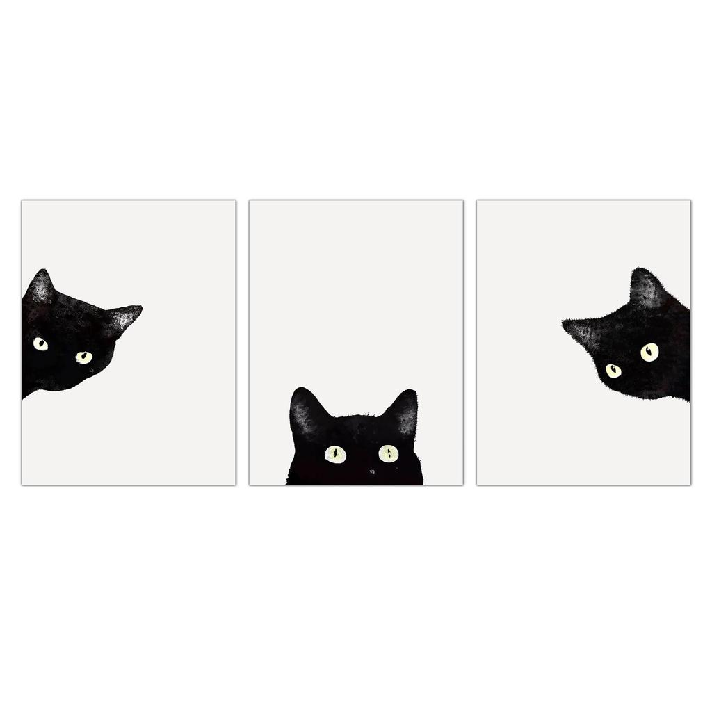 Black Cat Art Decorative Animal Cat Wall Modern Contemporary Poster Sofa Background Wall Hanging for Living Fully Framed 3-Panel Panel, Painting, Art,