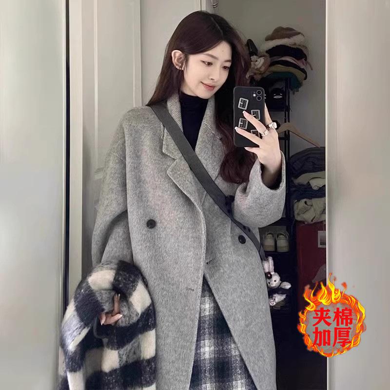 Front Shoulder Double-sided Wool Coat Women's Medium and Long, Autumn and Winter Black and Gray Woolen Coat