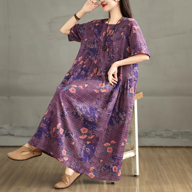 DIMANAF 2025 Women Summer Dress Plus Size Basic Vintage Printing Floral Casual Oversized Long Loose Dress