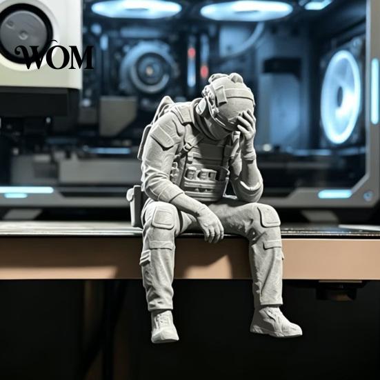Tactical Equipment Sculpture 3D Printed Soldier Figurine Ornament, Sitting Statue, Desk Accessory Funny Tired for Table Shelf Edge Decor Miniature