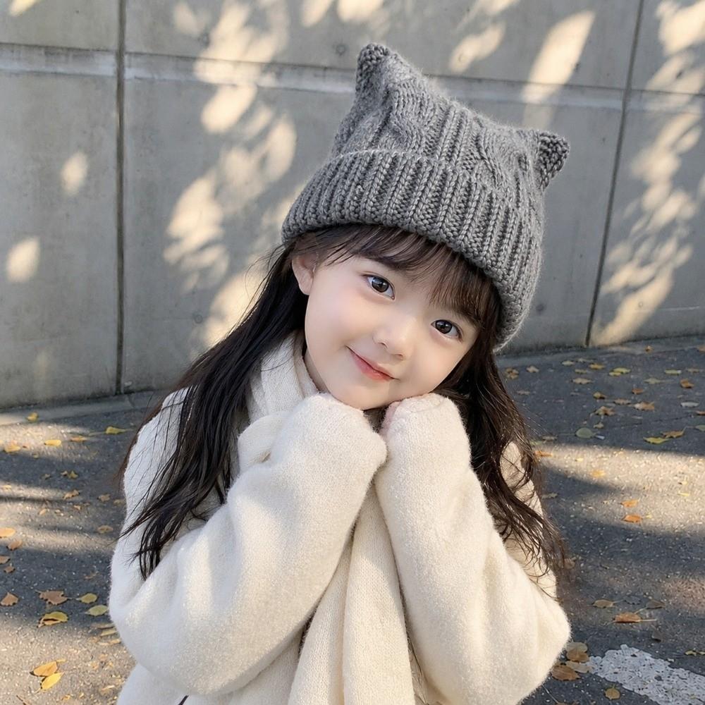 Solid Coloe Kids Cat Ears Hats Cute Ears Winter Cap Comfortable Knitted Beanie Hat Kids
