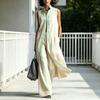 Women's 2 Piece Sets Color Block Sleeveless Button Down Shirts Matching Long Pants with Pockets Summer Casual Vacation Outfits