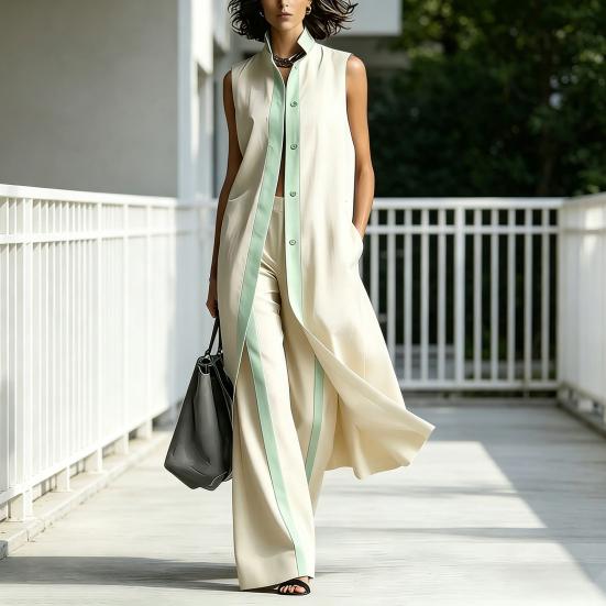 Women's 2 Piece Sets Color Block Sleeveless Button Down Shirts Matching Long Pants with Pockets Summer Casual Vacation Outfits