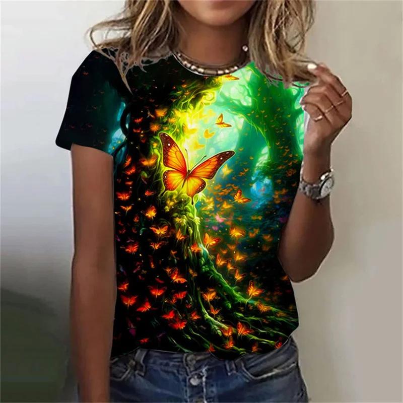 Summer Round Neck Butterfly Pattern 3D Print Top Fashionable Casual Short Sleeved Women's T-shirts