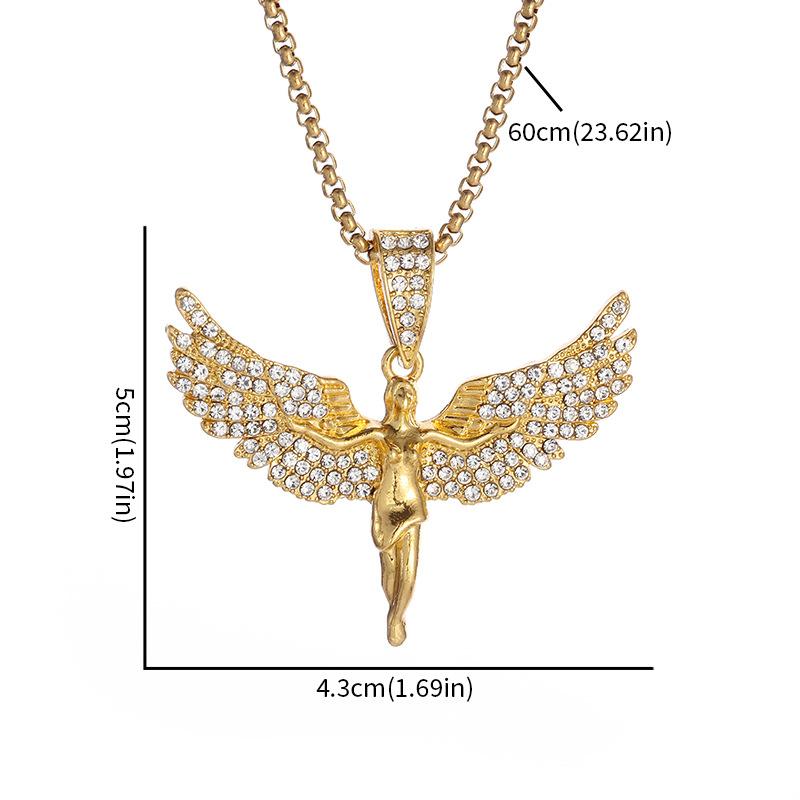 Vintage Neutral‑Style Gold‑Tone Diamond‑Inlaid Angel‑Wings Pendant Necklace, Unisex Rap‑Hip‑Hop‑Inspired Fashion Decorative Jewelry