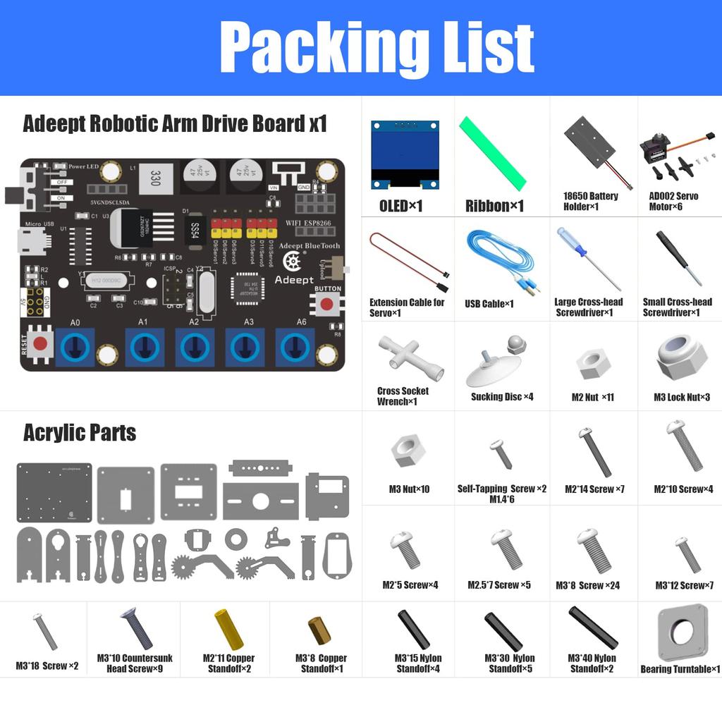Adeept Robot Arm DIY Robot Kit for STEM Education and OLED Robot Kit for Teens and Arduino IDE Compatible 5-DOF Kit, Learning, Display, Electronics,