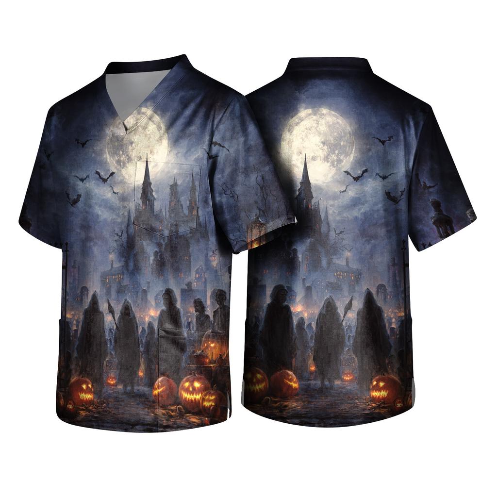 Men's Halloween Print V Neck Pocket Scrub Top Short Sleeve Medical Uniform Shirt with Graphic Design for Healthcare Professionals