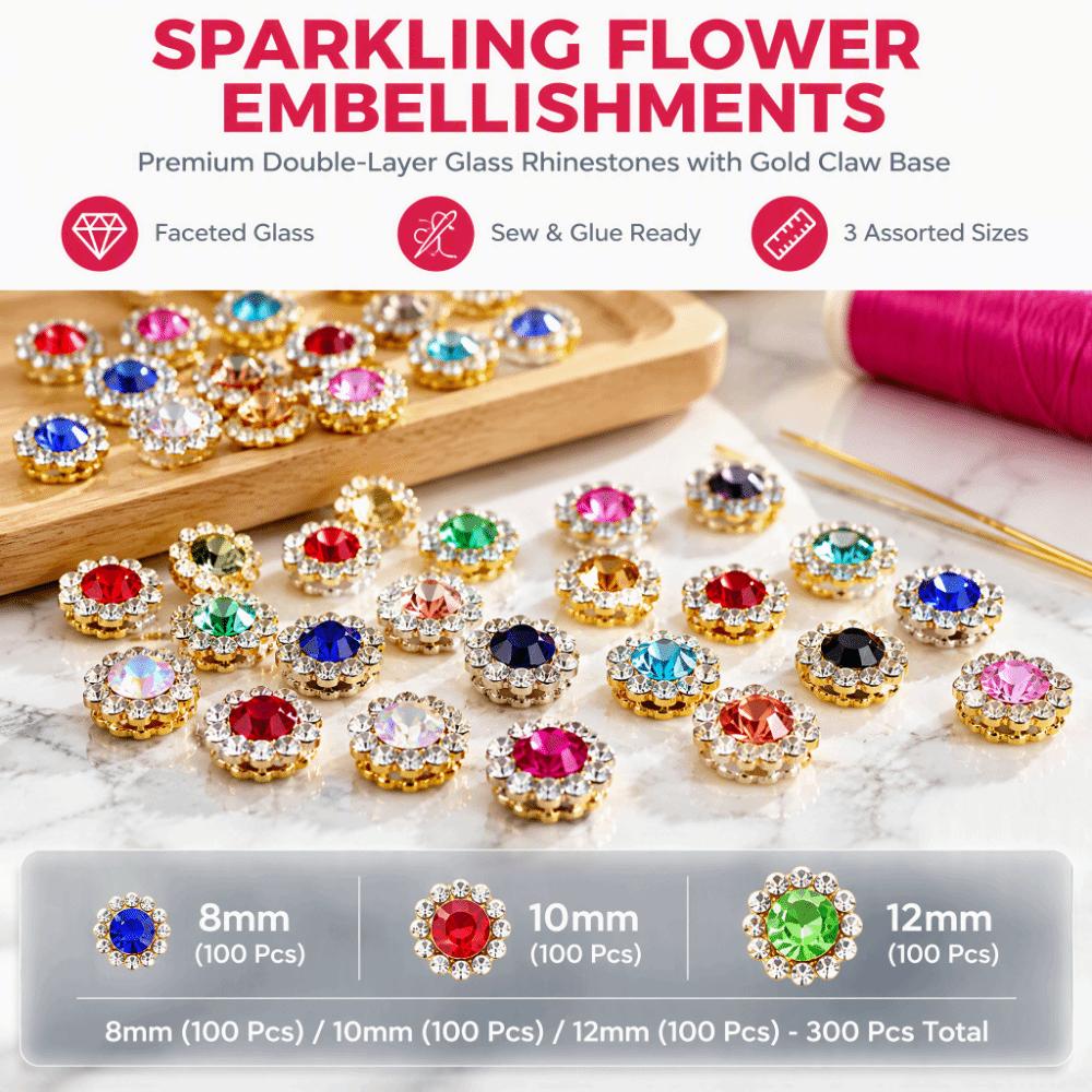 300pcs Assorted Color Rhinestone Buttons Gold Tone Base Flower Rhinestones For Jewelry Making