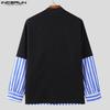 INCERUN Oversized Men Stand V Neck Long Sleeve Striped Patchwork Casual T-shirts Tops