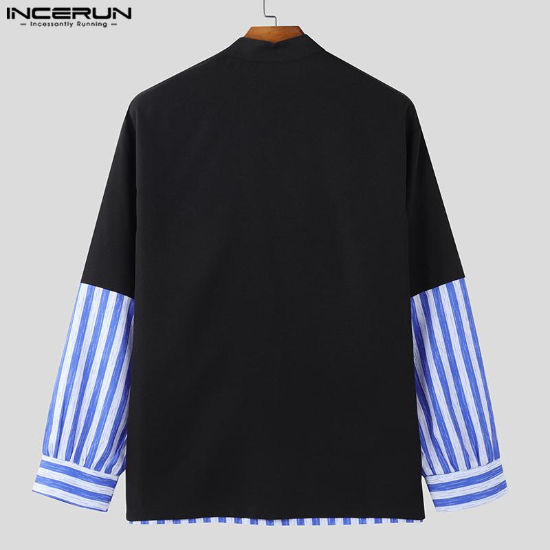 INCERUN Oversized Men Stand V Neck Long Sleeve Striped Patchwork Casual T-shirts Tops