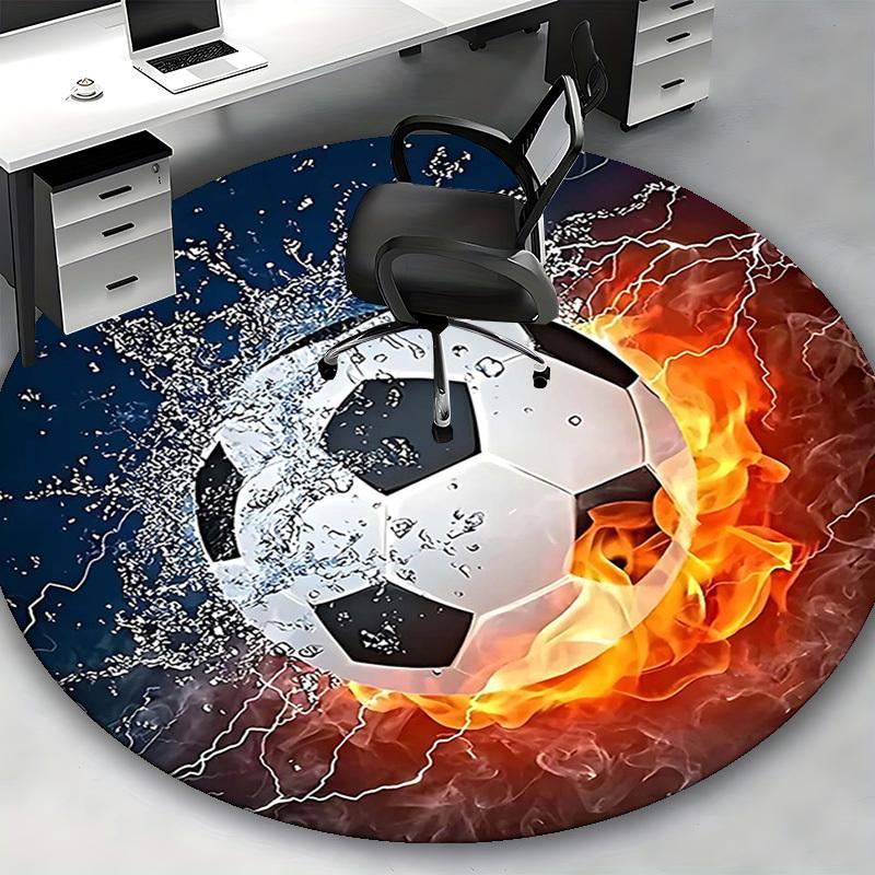 1 Stück Fußball mit Wasserspritzern und Feuermuster Runder Teppich Bürostuhlmatte, Rutschfester Teppich für Heimdekoration, Wohnzimmer, Schlafzimmer, Spielzimmer, Geschenk