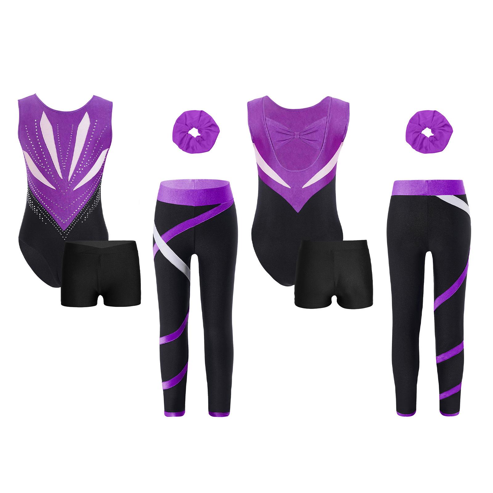 

Комплект из 4 предметов для девочек, гимнастический костюм без рукавов с вырезом на спине и бантиком, леотард в стиле пэчворк с цветными блоками, украшенный блестящими стразами, шорты, леггинсы, повязка на голову 5-6 Years