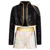 Girls Demon Singer Costume Sequins Shiny Long Sleeve Outerwear Golden Chain Waist Chain Shorts Set