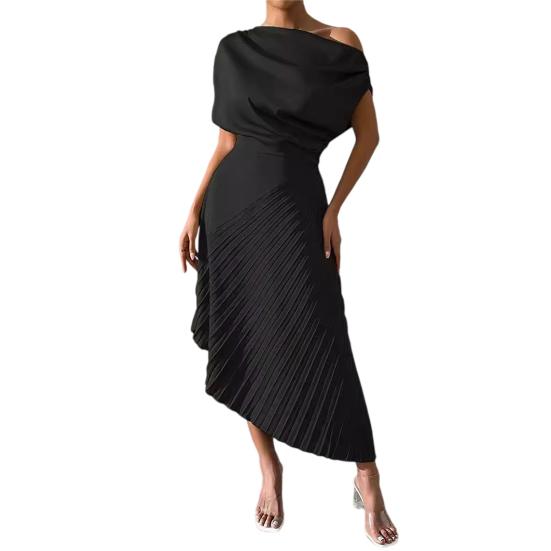 Formal Pleated Evening Dress for Women One Shoulder Pleated A-Line Dress Short Sleeve Ruched Party Cocktail S