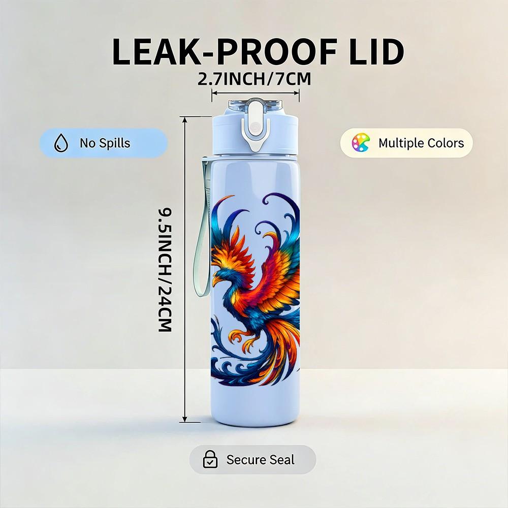 1PC Phoenix Bird Fire Pattern 750ml Color Plastic Sports Water Bottle Leakproof Flip Straw Lid Suitable for Sports Office Home Use