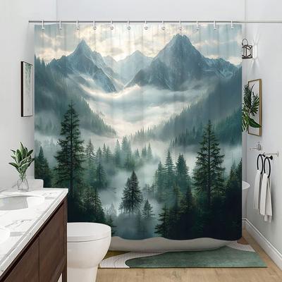 Nebelhafter Bergwald Wasserdichter Duschvorhang für Badezimmerdekor, Naturinspiriertes Design, Lebendige Farben, Einzigartiger Stil