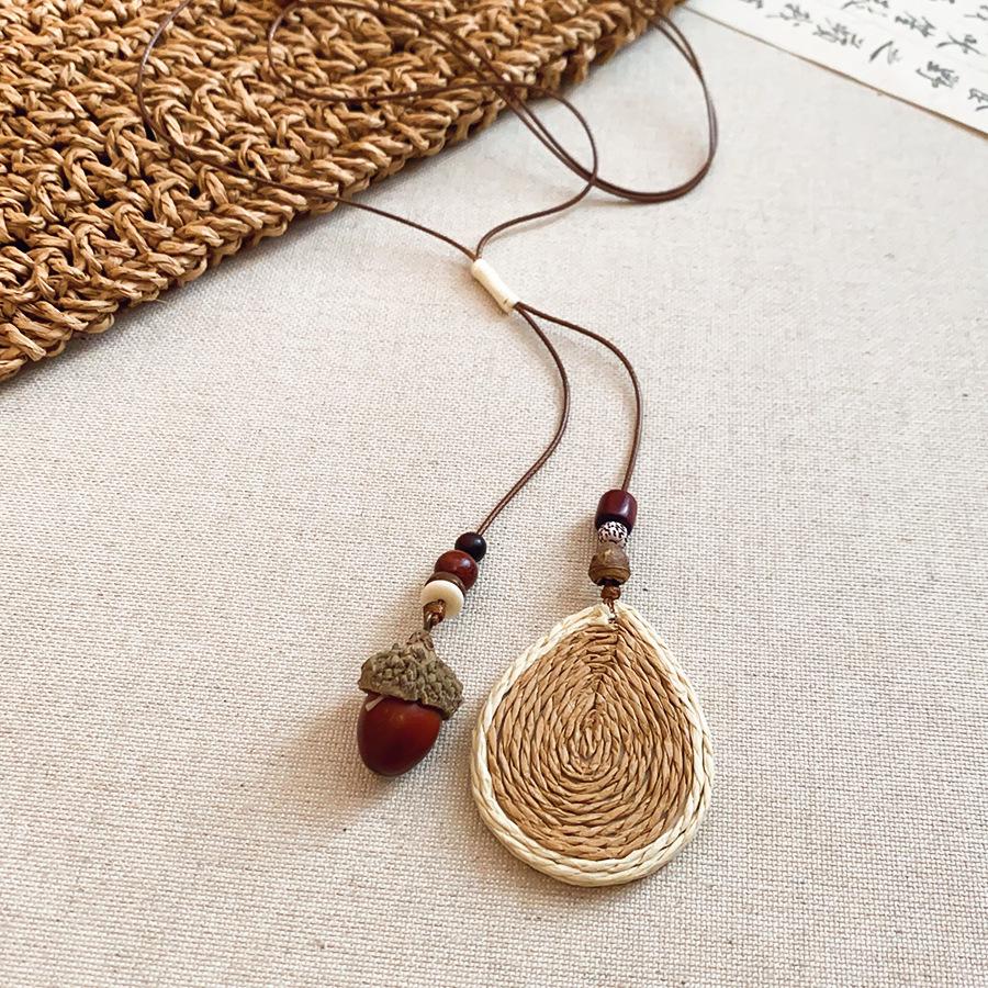 Ethnic Retro Leather Rope Raffia Necklace: Pine Cone & Mushroom Design, High-End Fashion Sweater Chain for Women