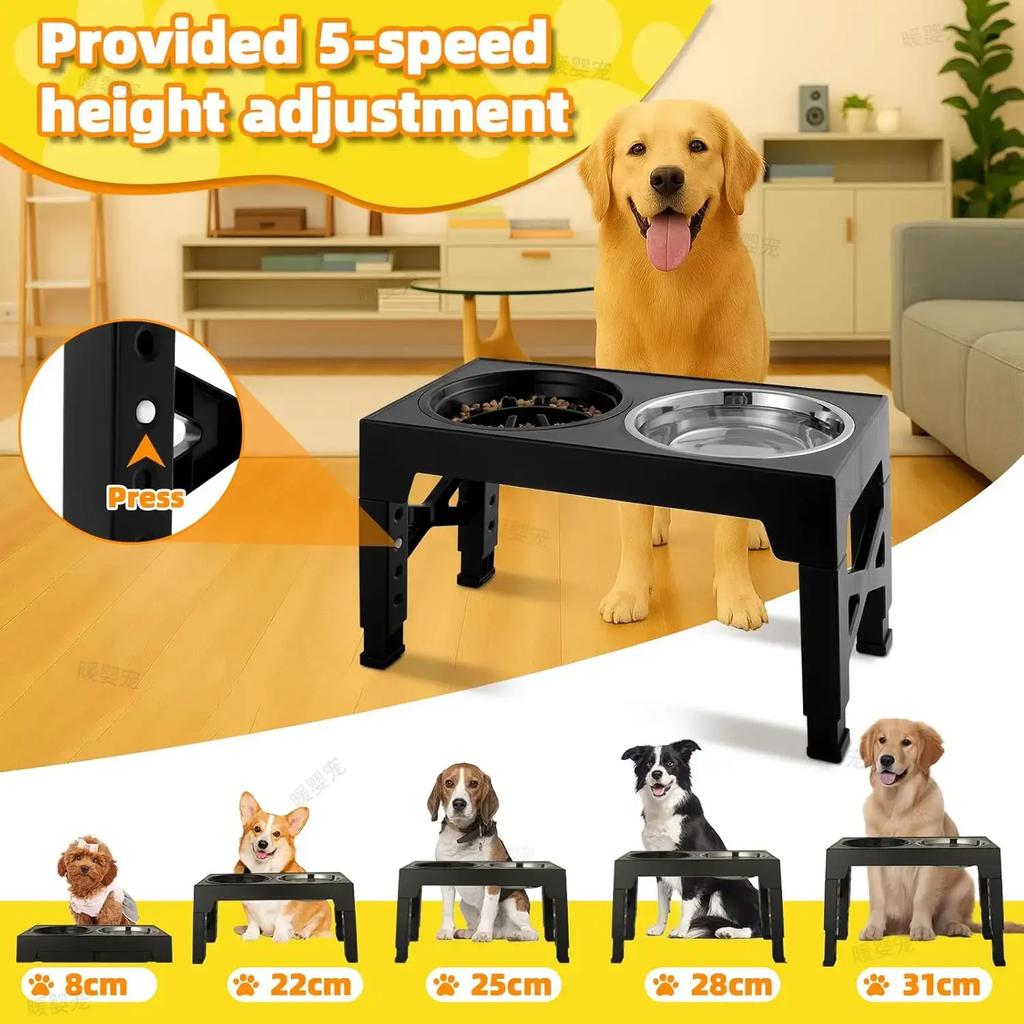 Pet Dog Bowls Adjustable Raised Stand Dog Feeder with Double Stainless Steel Pet Food Water Bowls for Small Medium Large Dogs