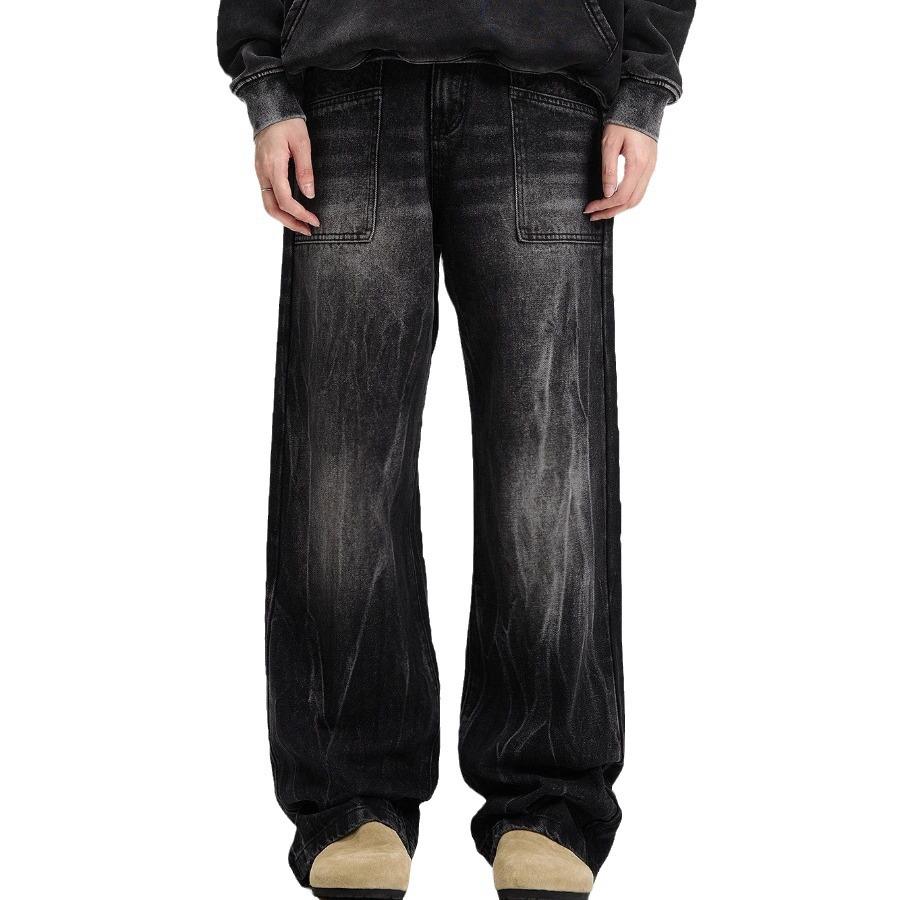 Retro black washed straight old jeans men's and women's loose high street vibe street design pants tide