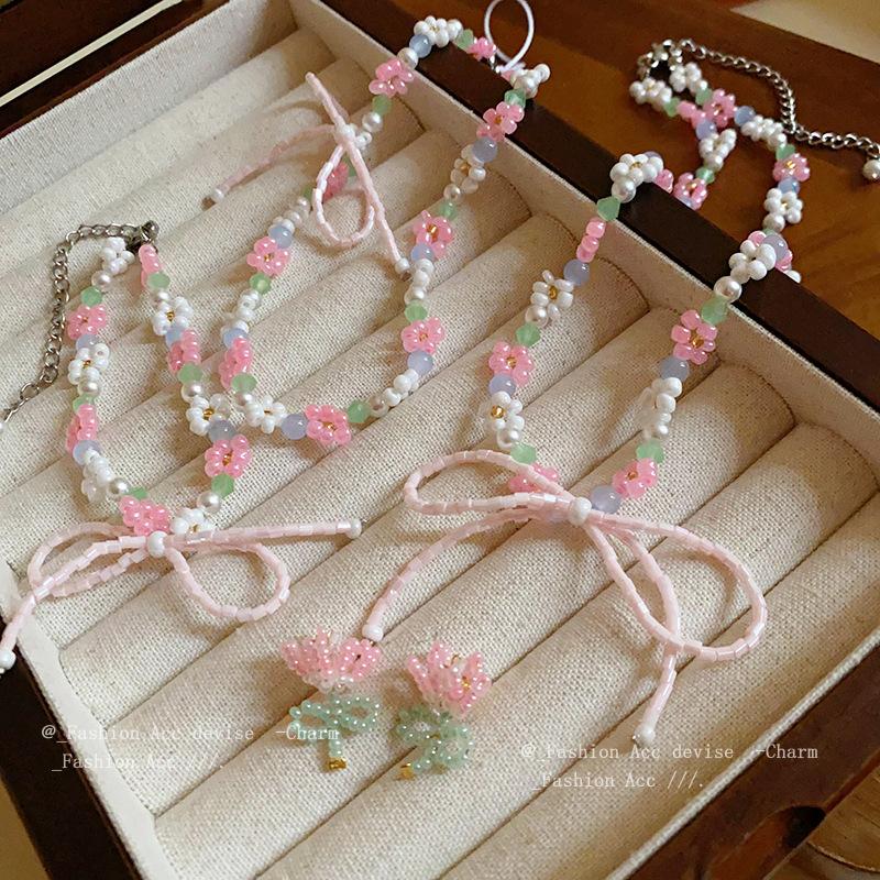 Bow pearl crystal necklace niche sweet girl heart collarbone chain temperament versatile pastoral jewelry