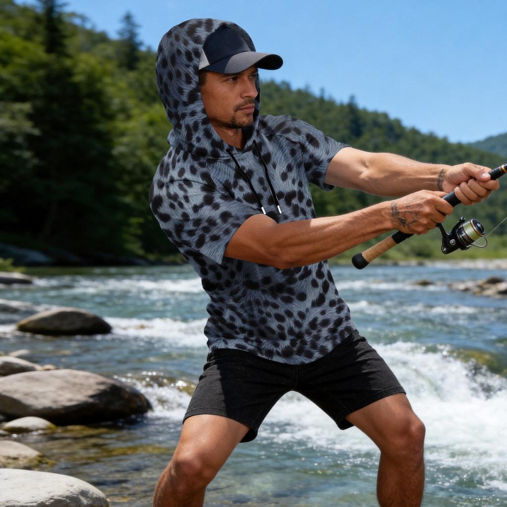 Men's Leopard Print Raglan Hoodie, Short Sleeve Casual Fishing Top, Breathable Outdoor Sports T-Shirt