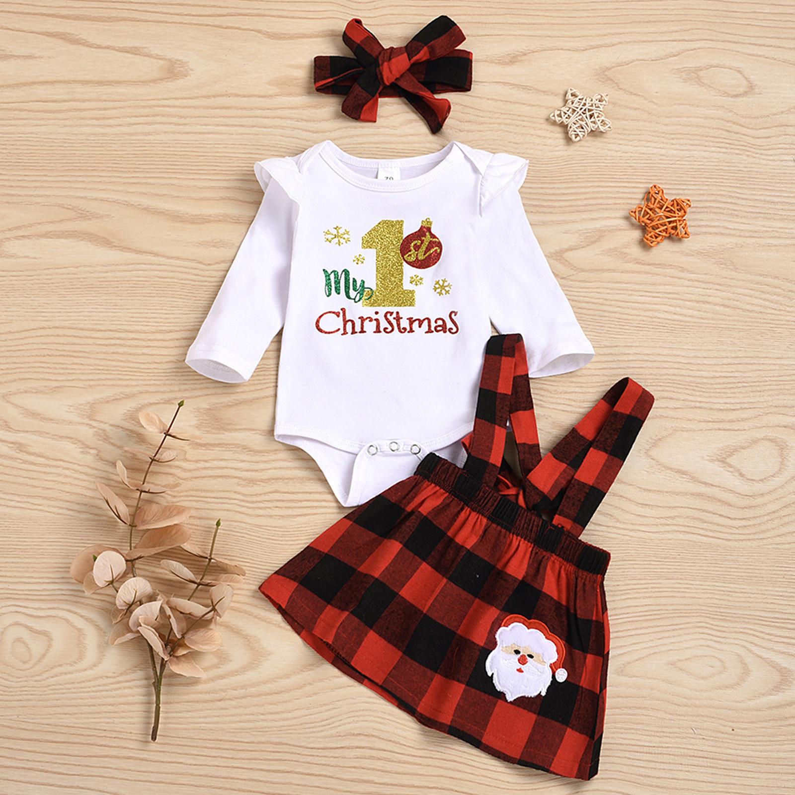 

Рождественские наряды для новорожденных девочек, комбинезон с клетчатым принтом, юбка, комплект с повязкой для волос